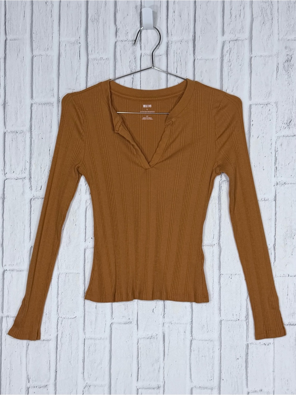 🤎 Maeve by Anthropologie Brown Ribbed Split Neck Long Sleeve Top S
